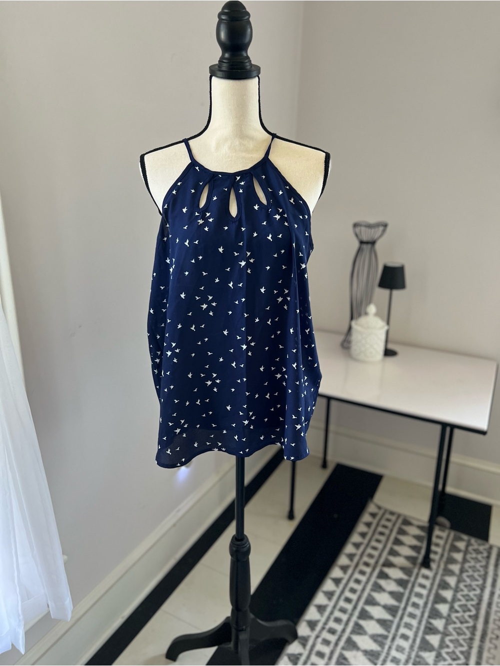 Papermoon Navy Blue Halter Tank with White Bird Print